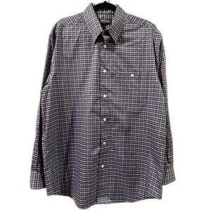 Men's Orvis Button Down Shirt Taupe Blue Plaid Long Sleeve Cotton Size Large